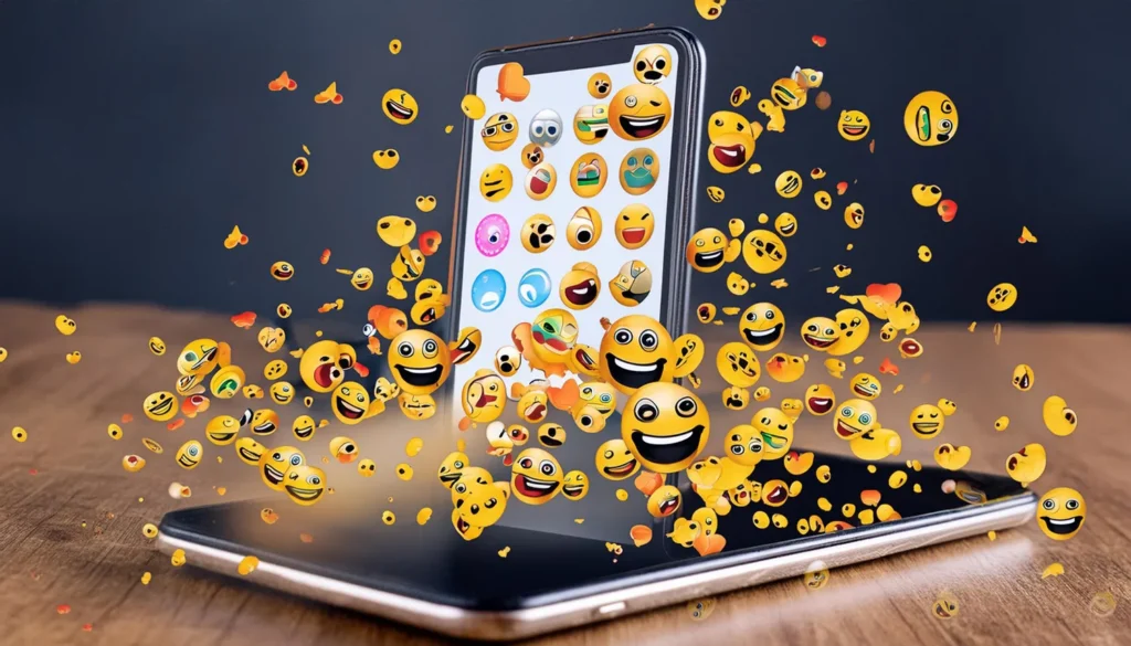 Mobile Phone Filled With Emojis And Floating On Top Of Table Due To Social Media Marketing Malaysia